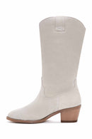 Women's Beige Suede Leather Heeled Cowboy Boots | Derimod