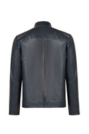 Clint Male Navy Mandarin Collar Reversible Suede Leather Jacket | Derimod