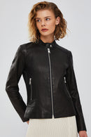 Pam Women's Black Short Leather Jacket | Derimod