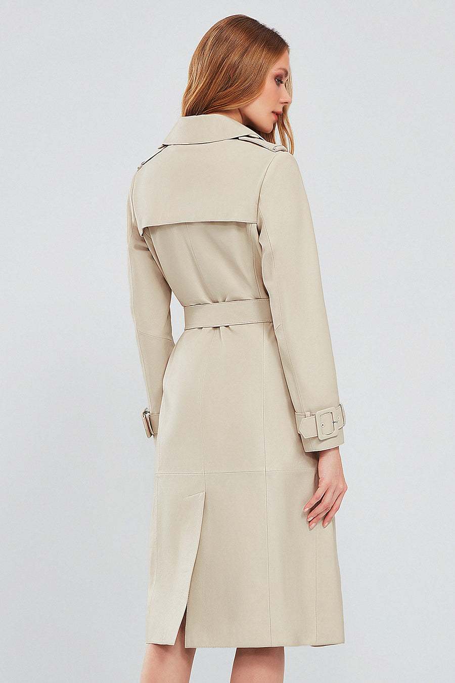 Fergie Women's Beige Long Leather Trench Coat