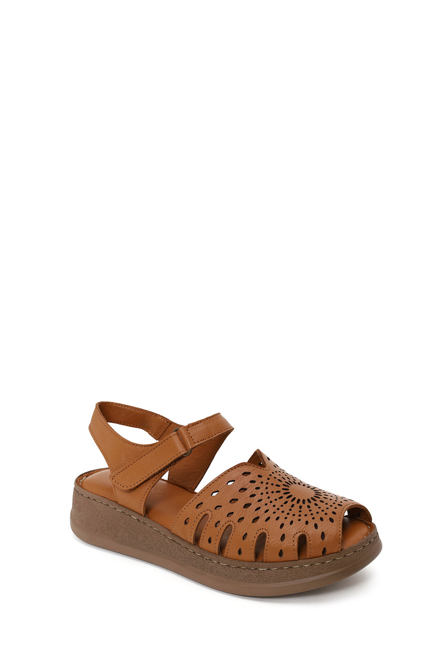 Woman Tan Patterned Thick-Soled Leather Comfort Sandal