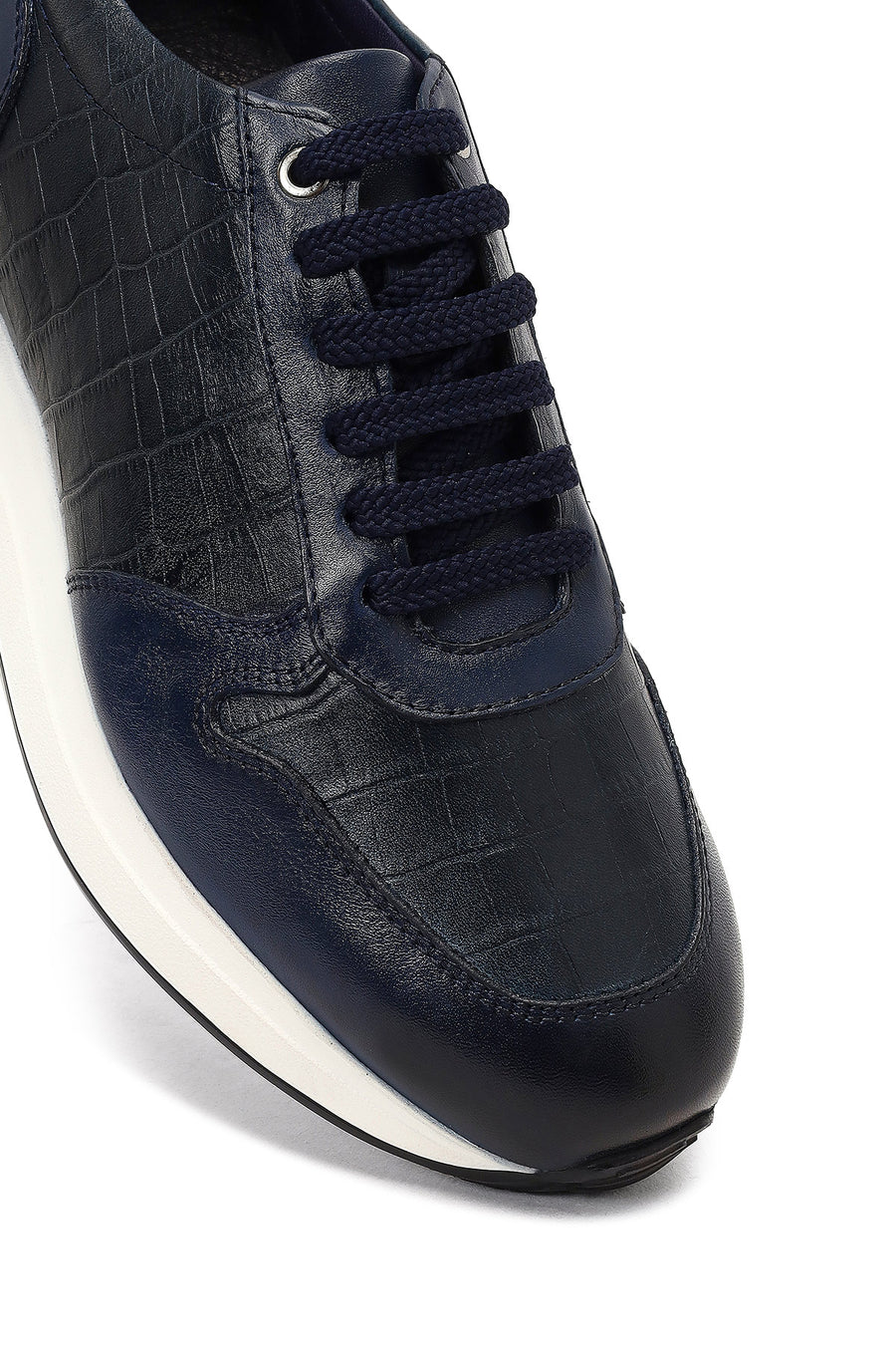 Men's Navy Blue Lace-Up Thick Sole Leather Sneaker