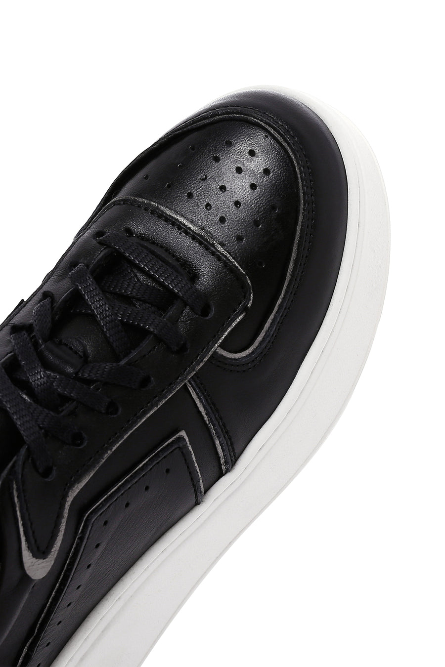 Women's Black Leather Thick Soled Sneaker