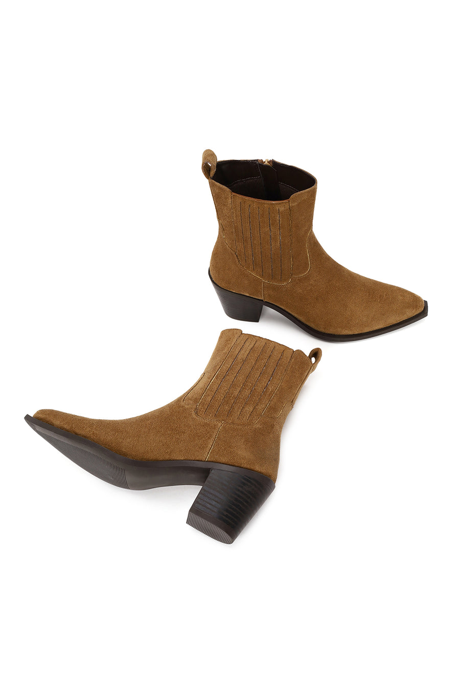 Woman Tan Zip Closure Chunky Heeled Suede Boots
