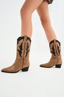 Woman Tan Chunky-Heel Suede Leather Cowboy Boots | Derimod