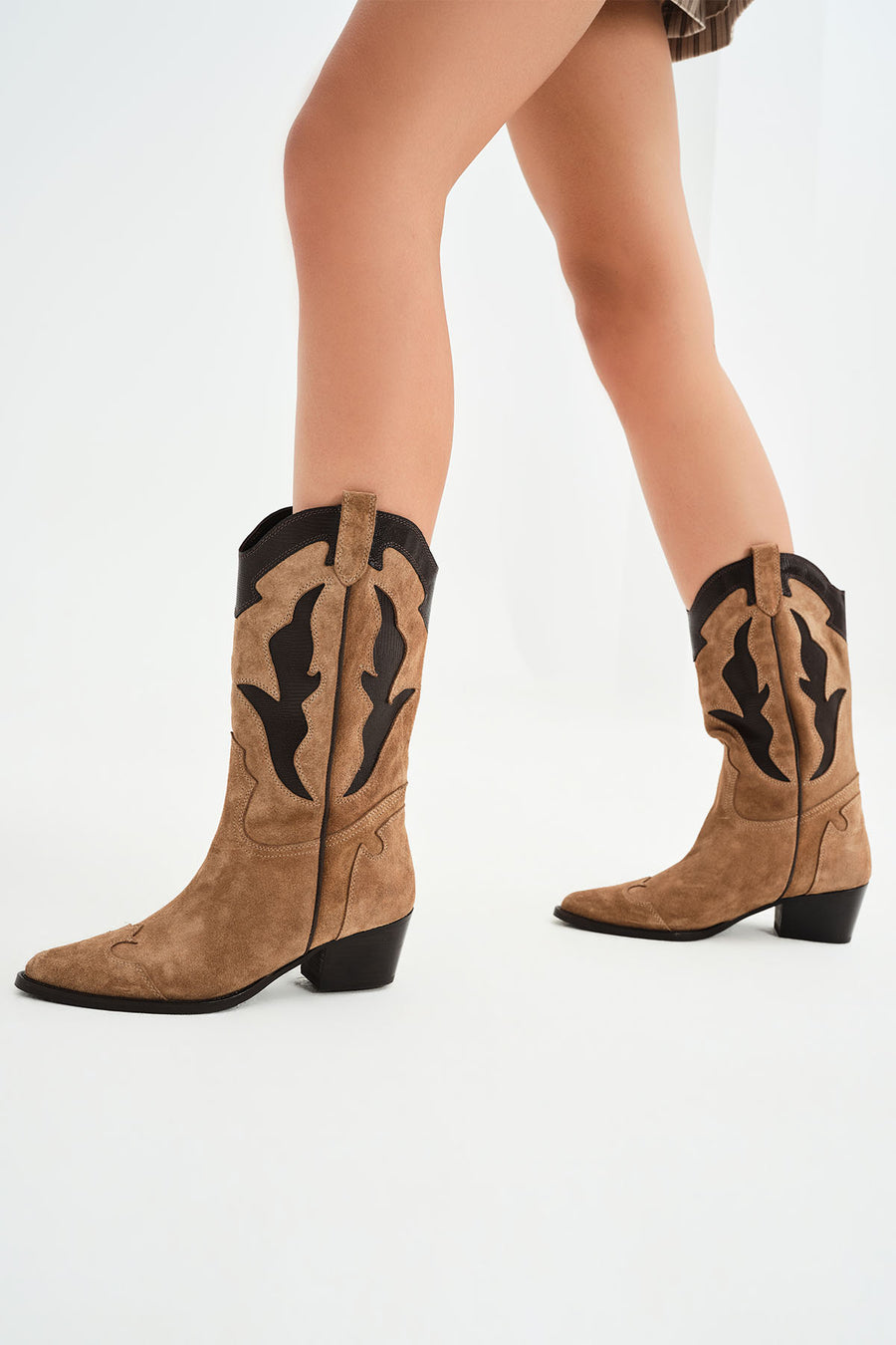 Woman Tan Chunky-Heel Suede Leather Cowboy Boots