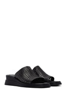 Women's Black Metallic Leather Comfort Slippers | Derimod