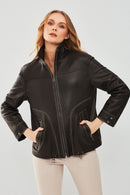 Evita Women's Black Oversize Leather Jacket | Derimod