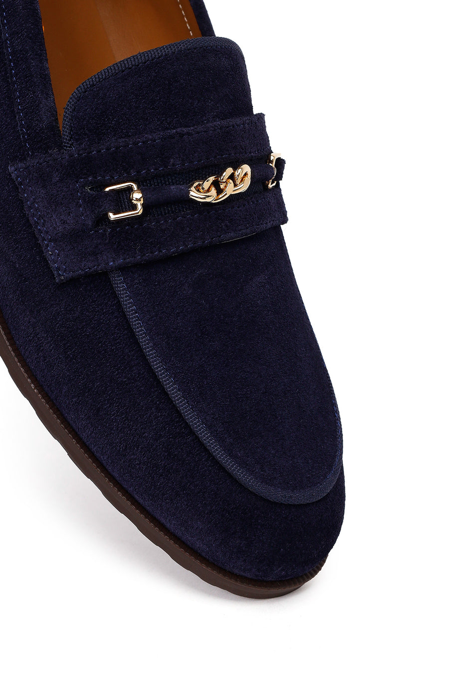 Woman Navy Buckled Suede Masculine Loafer