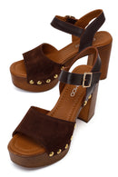 Woman Brown Ankle Buckle Platform High Chunky Heeled Suede Sandal | Derimod