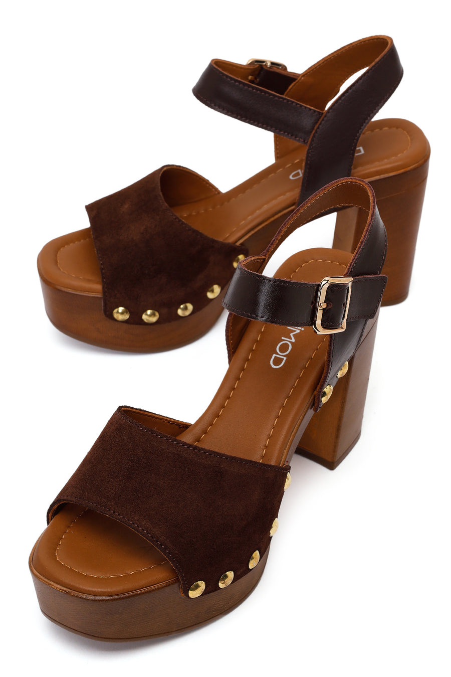 Woman Brown Ankle Buckle Platform High Chunky Heeled Suede Sandal