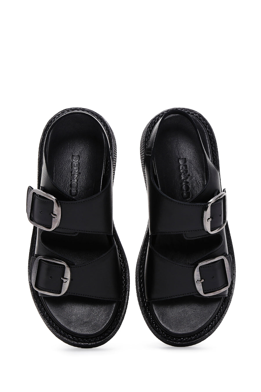 Kadın Siyah Deri Çift Tokalı Comfort Sandalet