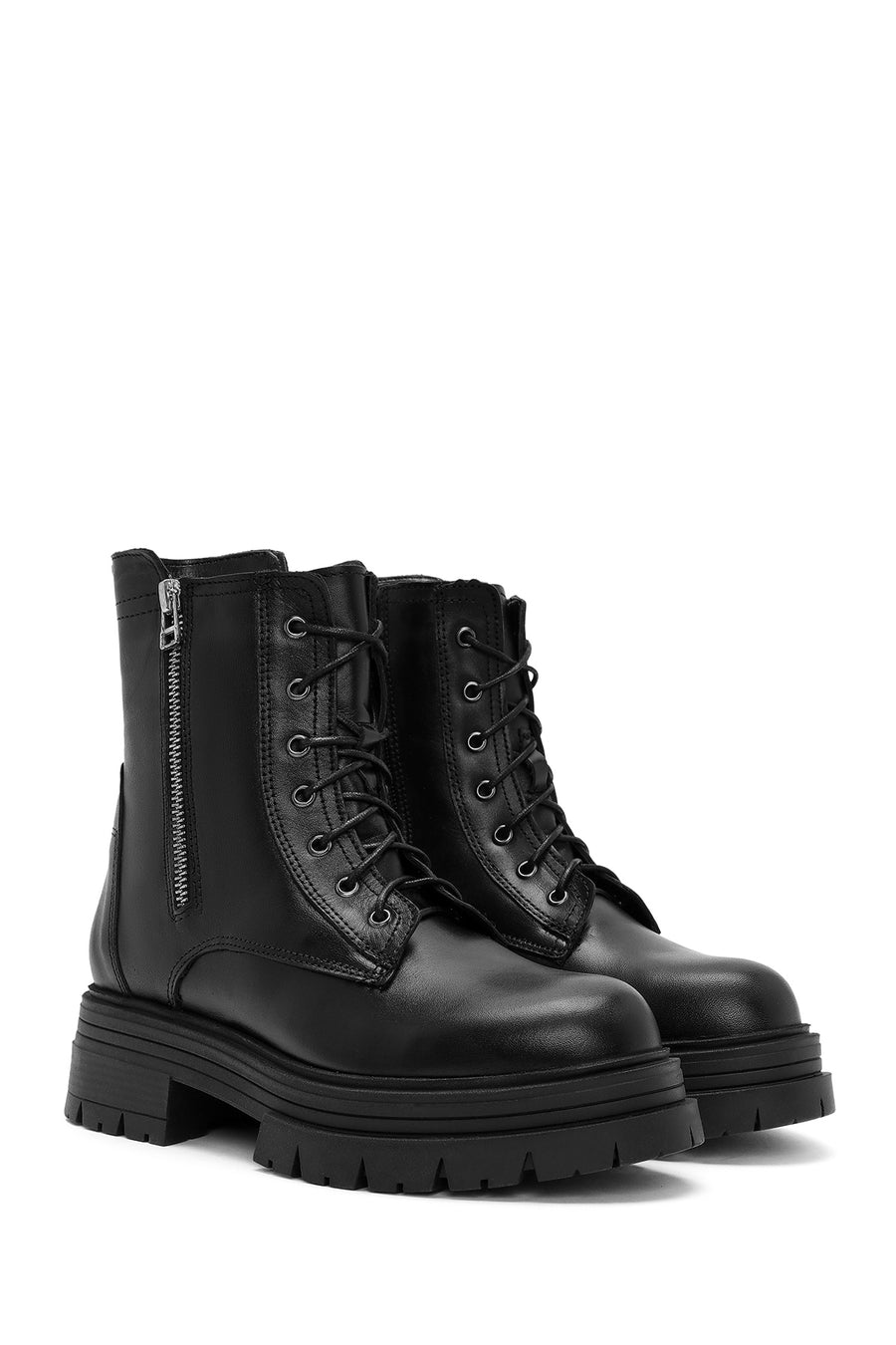 Women's Black Double Zipper Lace-Up Leather Combat Boots
