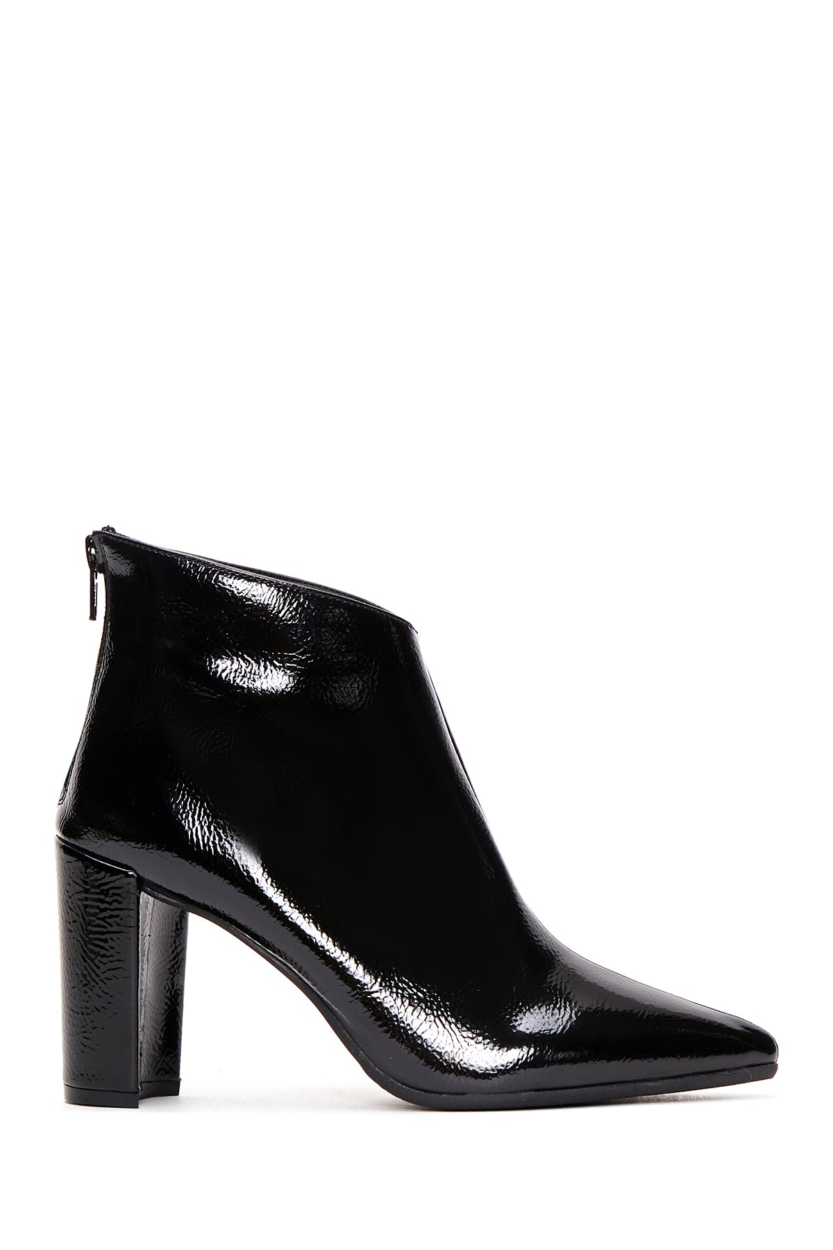 Women's Black Patent Leather Zippered Classic Heeled Boots 23WFE170016 | Derimod