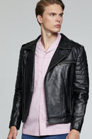 Speedy Men's Black Biker Leather Coat | Derimod