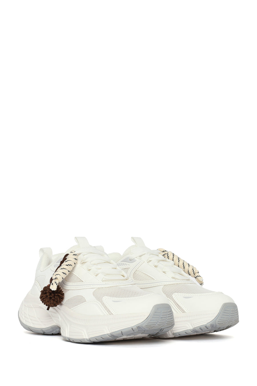 Women's White Lace-Up Chunky Sole Charm Sneakers