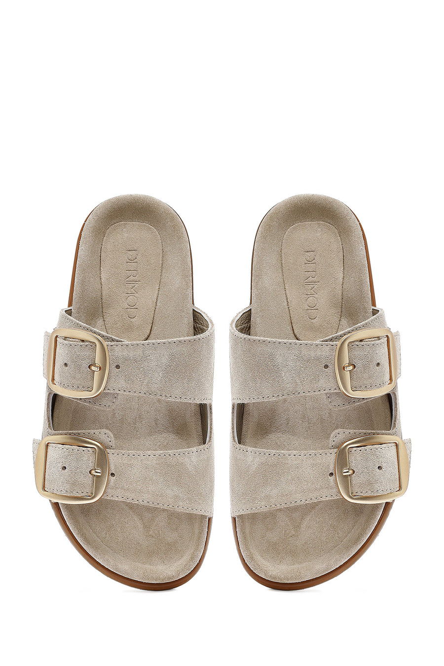 Women's Beige Buckle Suede Leather Slippers