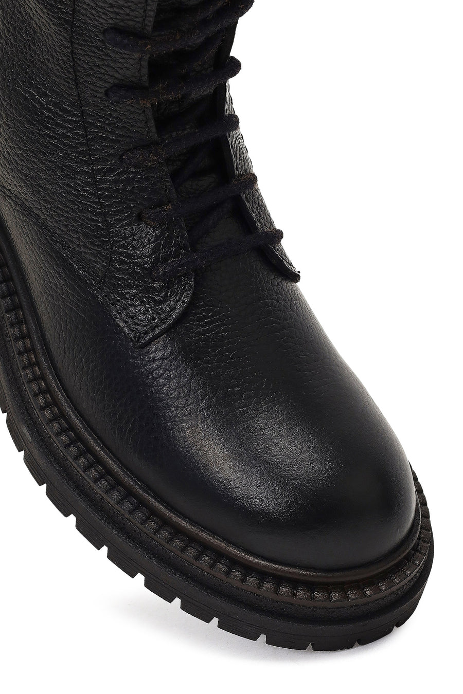 Woman Black Zip Closure Leather Combat Boots