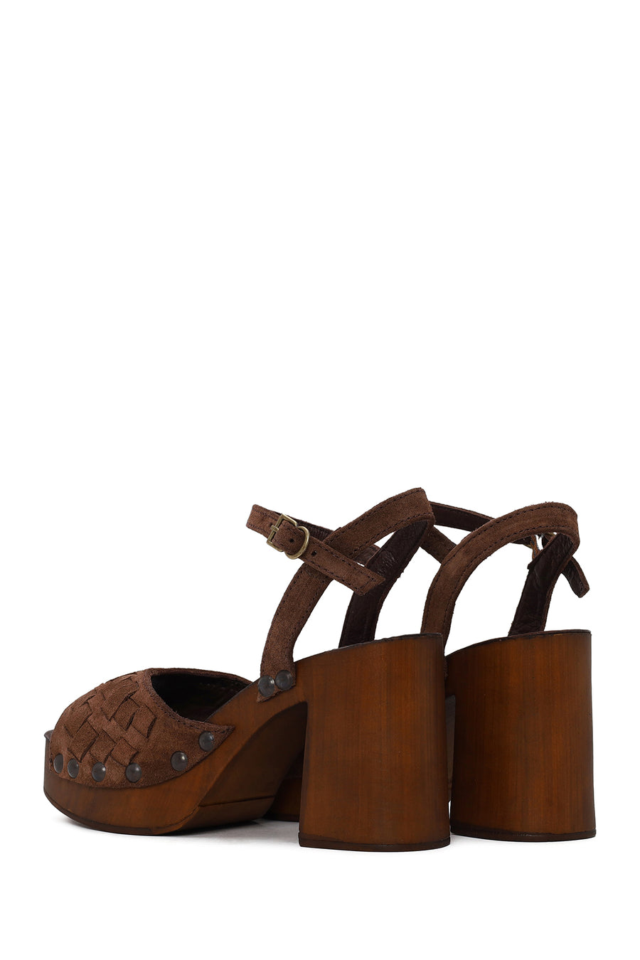 Woman Tan Ankle-Buckle Chunky-Heel Suede Sandal