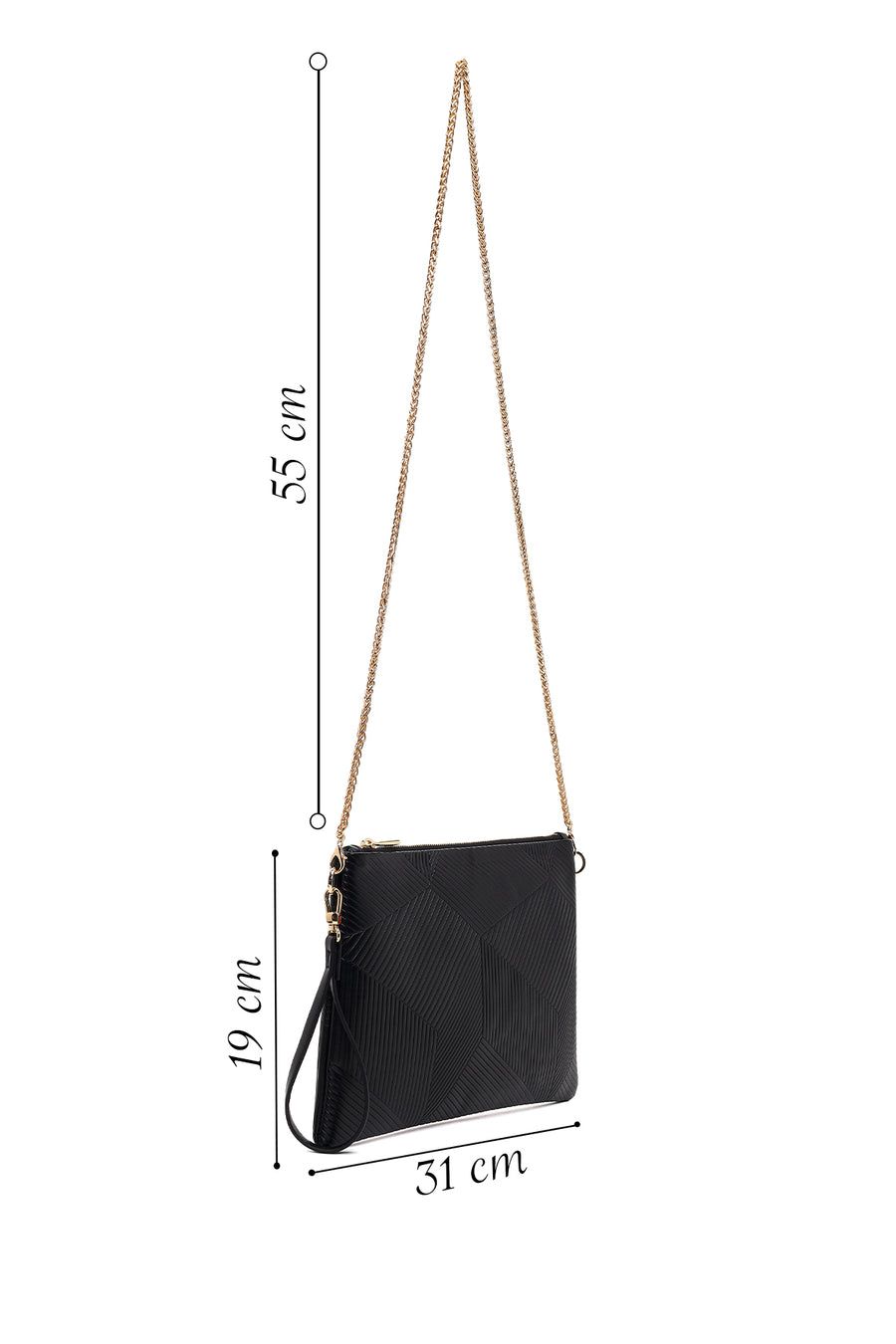 Woman Black Chain-Strap Patterned Clutch Bag