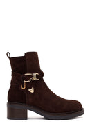 Woman Brown Zip Closure Thick-Heeled Suede Boots Casual Boots | Derimod