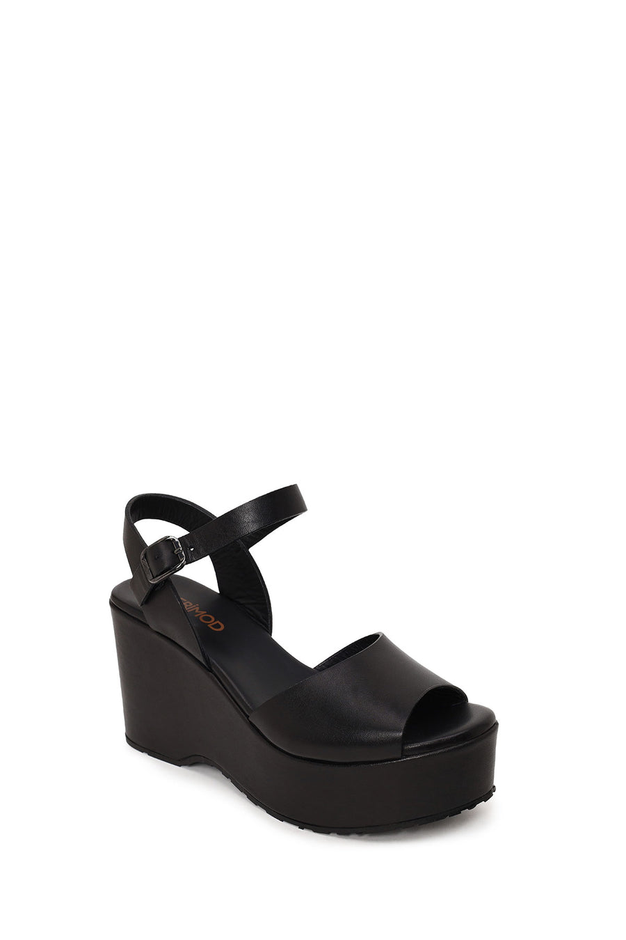 Woman Black Ankle-Buckle Wedge-Heel Leather Sandal