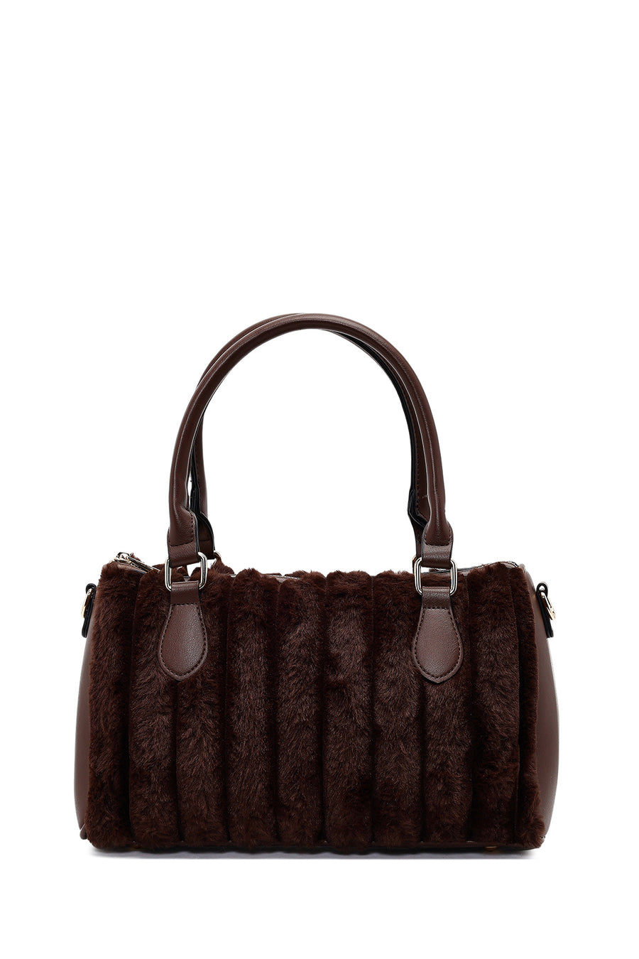 Woman Brown Long-Strap Accessorized Plush Shoulder Bag