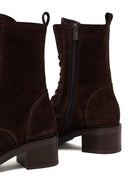 Woman Brown Zip Closure Lace-Up Chunky Heeled Suede Combat Boots | Derimod