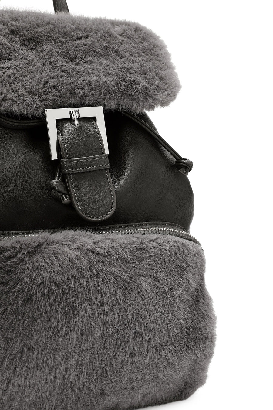 Women's Gray Plush Detailed Backpack