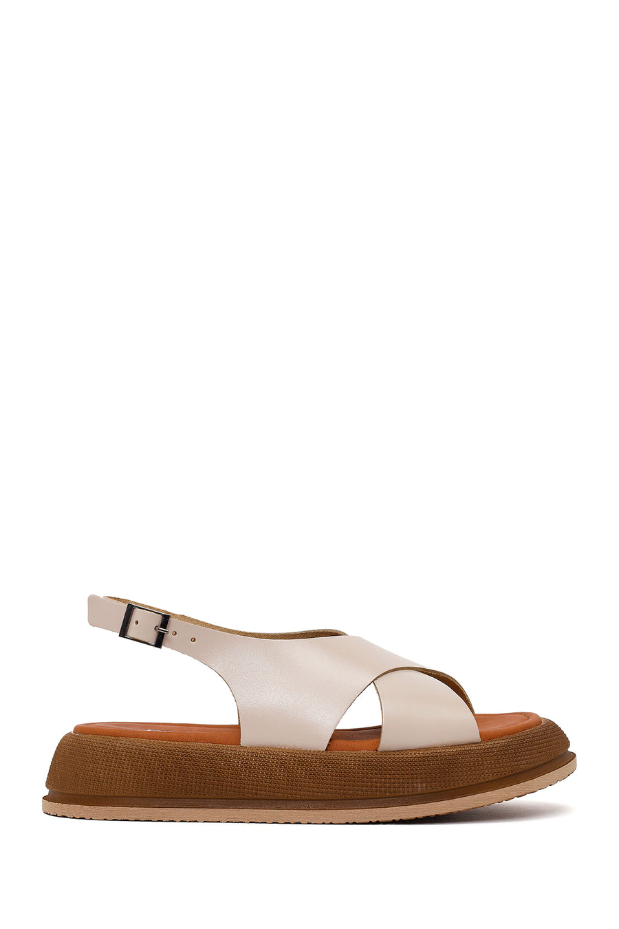 Woman Beige Buckled Thick-Soled Leather Sandal 26SFD332818 | Derimod