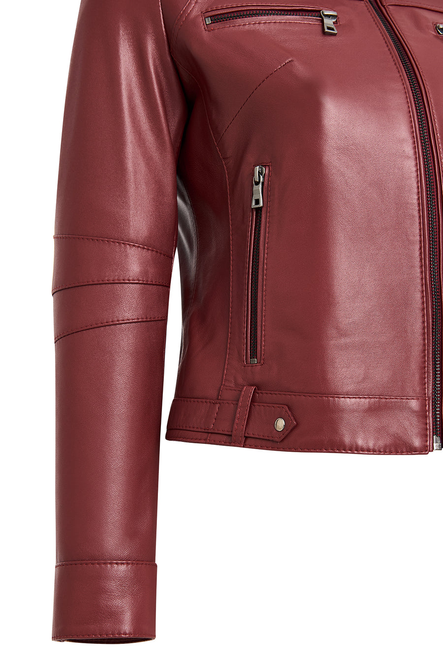 Vicky Women's Burgundy Mandarin Collar Short Leather Jacket