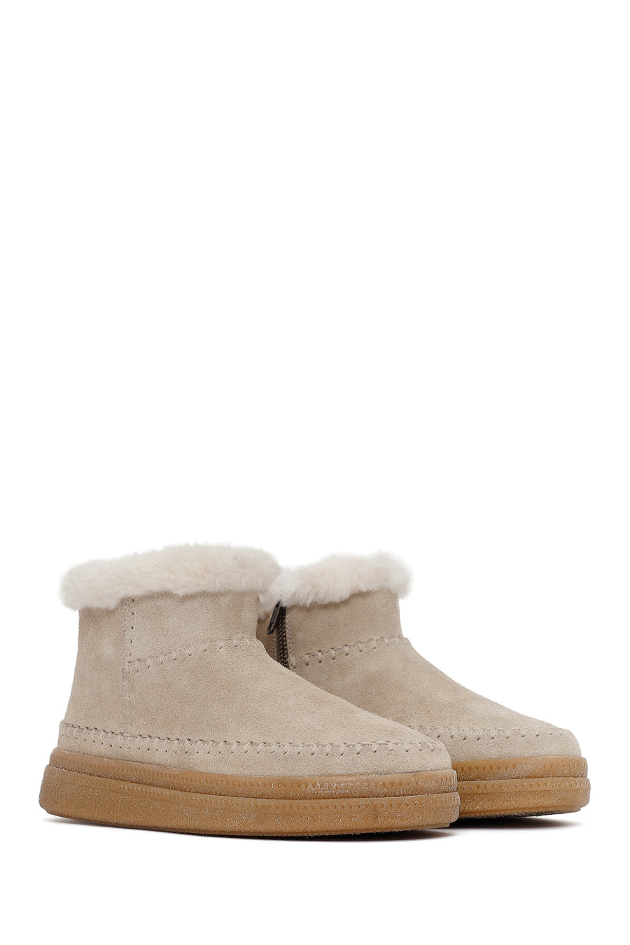 Woman Beige Zip Closure Thick-Soled Suede Teddy Boots