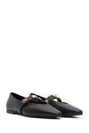 Women's Black Stone Leather Ballerinas | Derimod