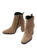 Women's Brown Suede Leather Heeled Boots | Derimod