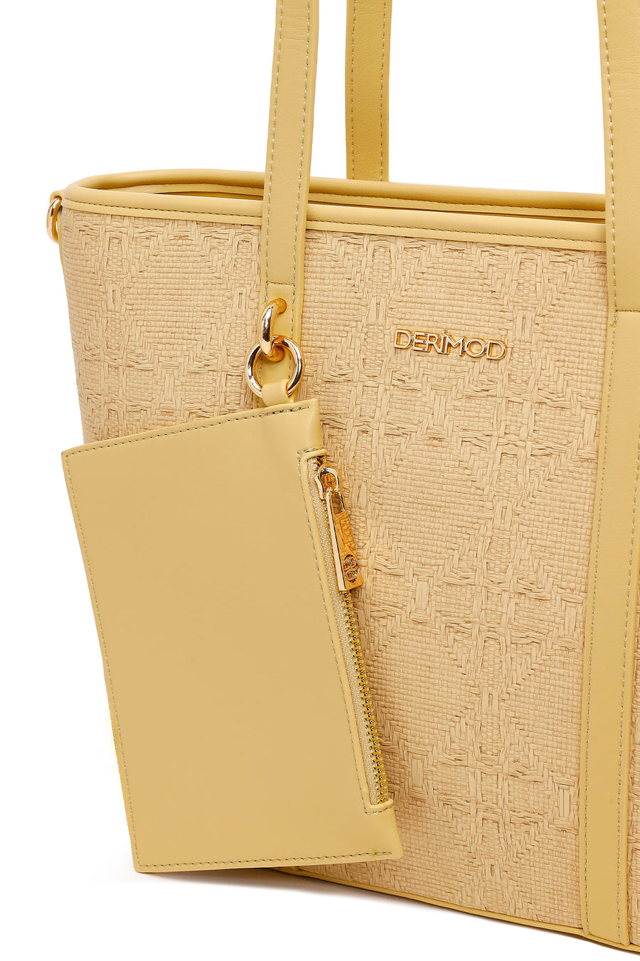 Woman Beige Patterned Wicker Shoulder Bag with Long Strap