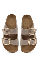 Women's Mink Buckled Suede Leather Slippers | Derimod