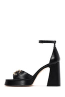 Women's Black Leather Ankle Strap Thick Heeled Sandals | Derimod