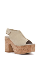 Women's Beige Ankle Strap Platform Heeled Suede Sandals | Derimod