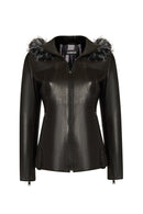 Audrey Woman Black Hooded Fur Leather Coats | Derimod