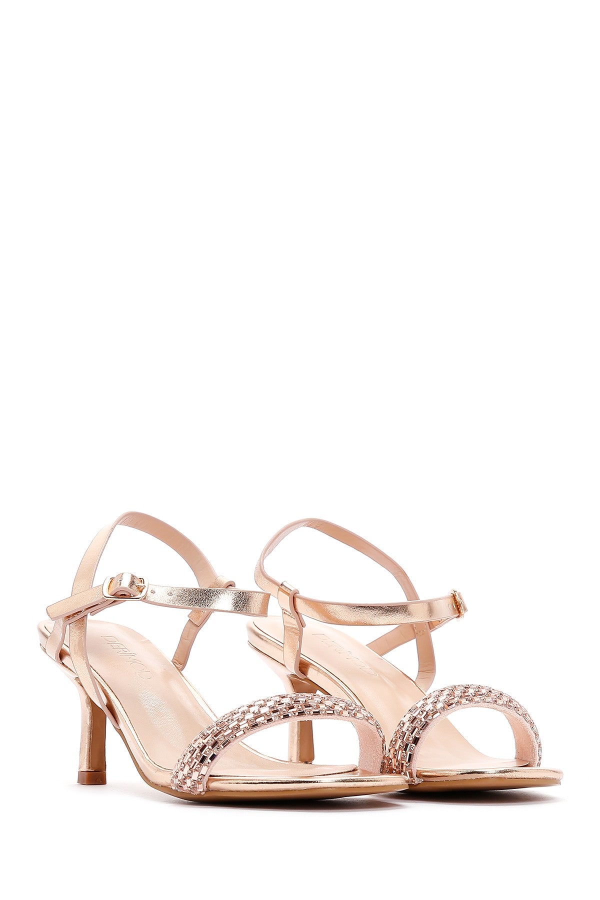 Kadın Pembe Altın Taşlı Topuklu Sandalet