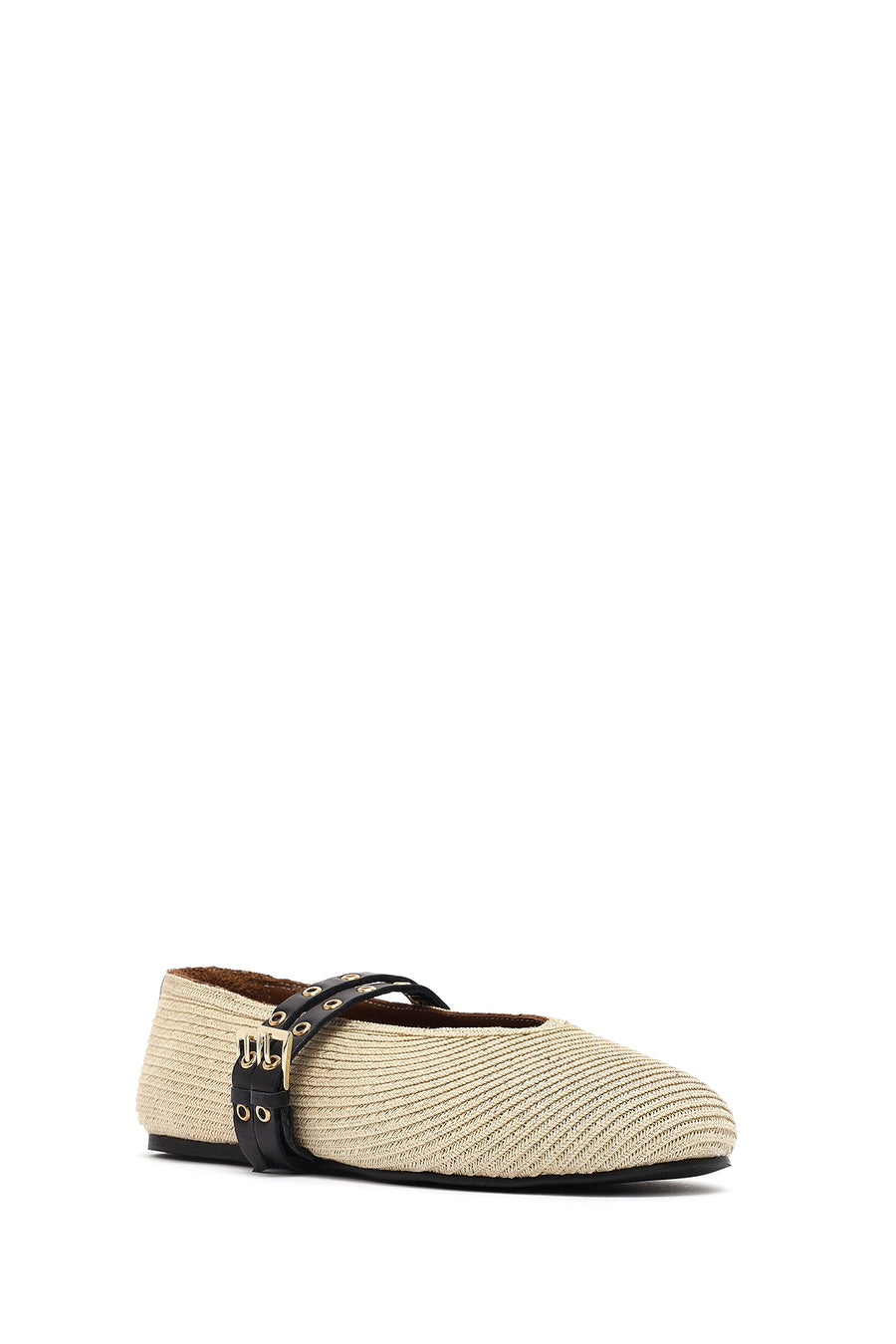 Women's Beige Double Buckled Straw Leather Ballerinas