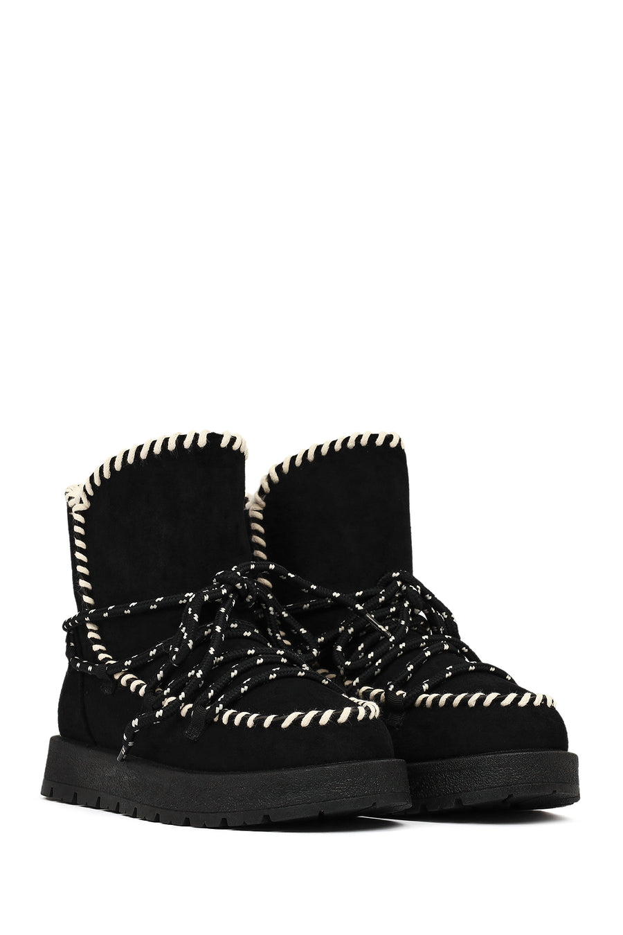 Woman Black Lace-Up Thick-Sole Suede Teddy Boots
