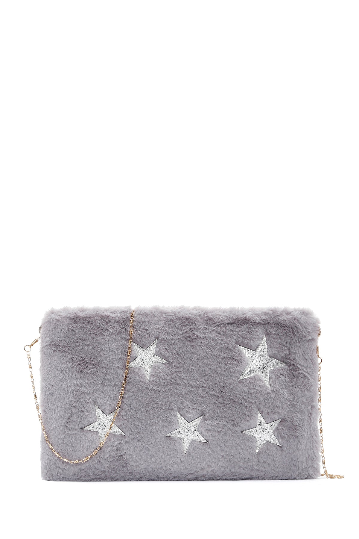 Women's Gray Long Chain Strap Star Pattern Plush Clutch Bag 23WBD2212PH | Derimod