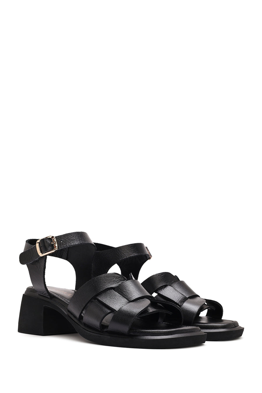 Women's Black Ankle Buckle Low Heeled Leather Sandals