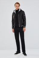 Tatum Men's Black Hooded Sports Leather Coat | Derimod