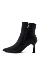 Woman Black Zip Closure Braided Thin-Heeled Leather Boots | Derimod