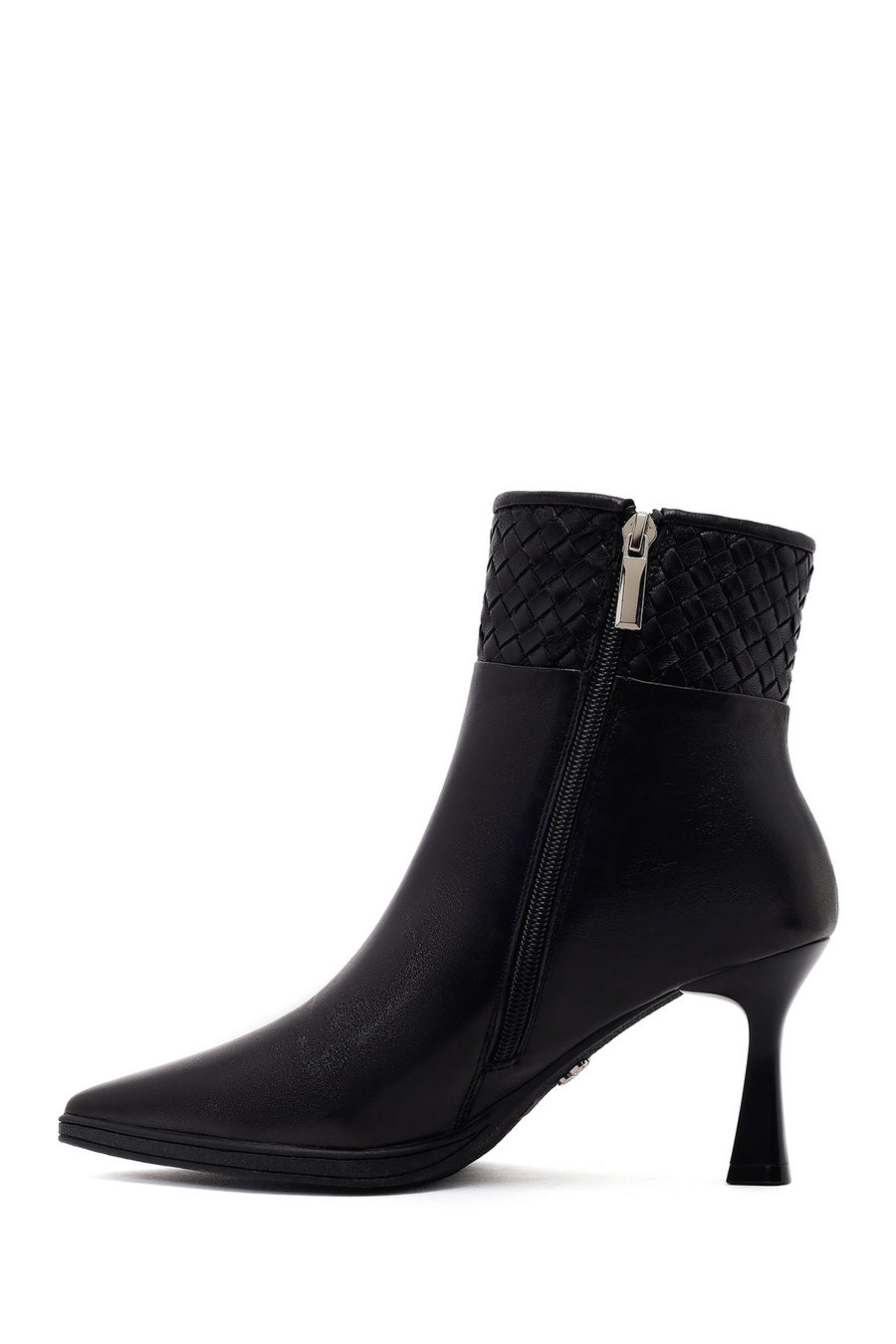 Woman Black Zip Closure Braided Thin-Heeled Leather Boots