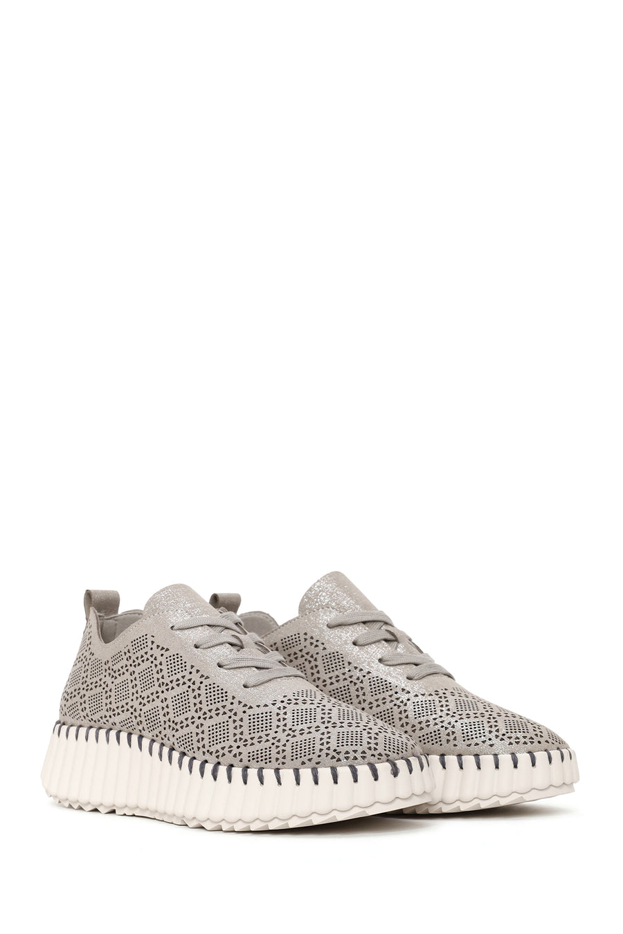 Kadın Gri Bağcıklı Kalın Tabanlı Desenli Sneaker