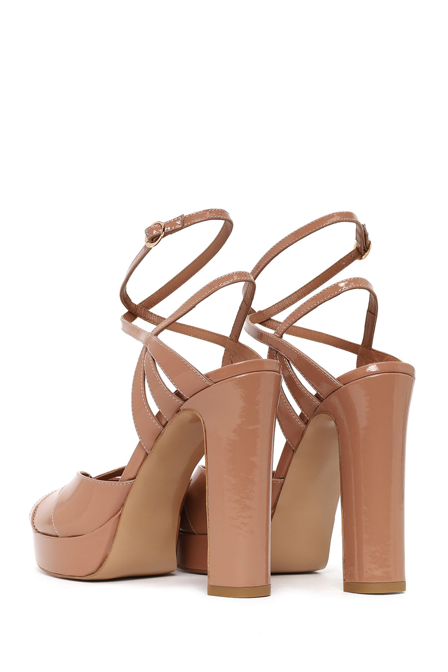 Woman Beige Ankle-Buckle Platform Thick High-Heeled Patent Leather Sandal
