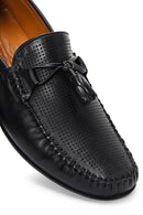 Men's Black Leather Printed Tassel Loafer | Derimod